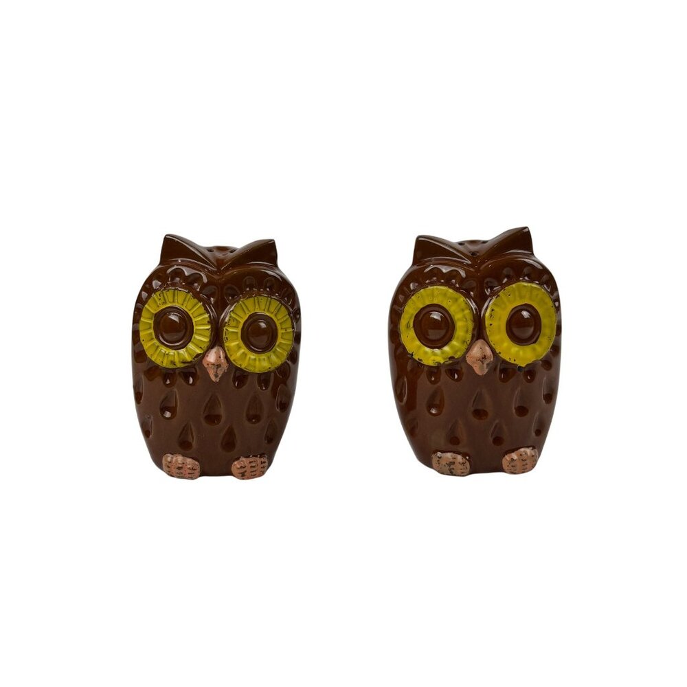 Vintage Owl Salt And Pepper Shakers Set Large Brown Yellow Eyes Ceramic - Picture 2 of 10